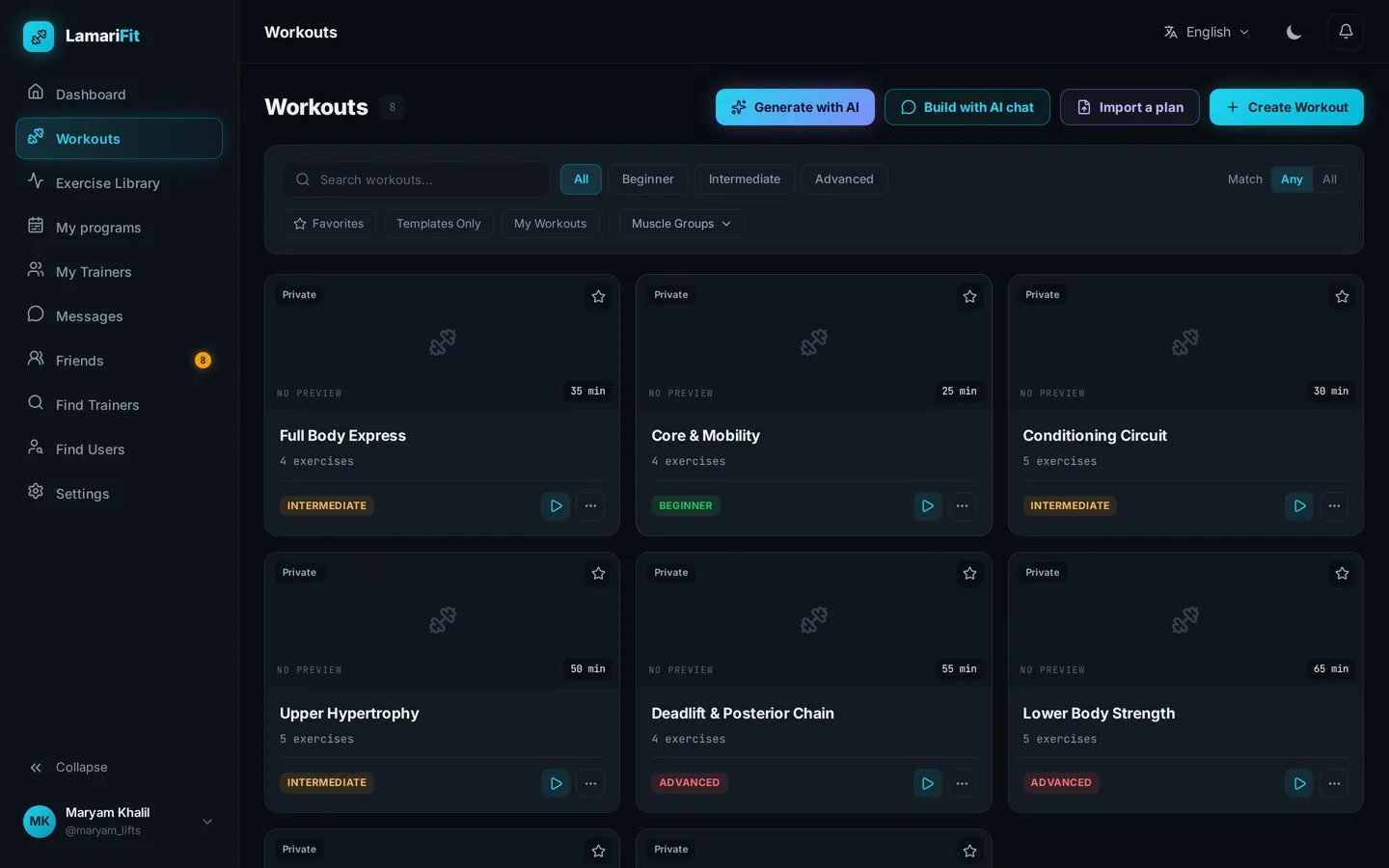 Workout library with difficulty, duration and muscle-group filters