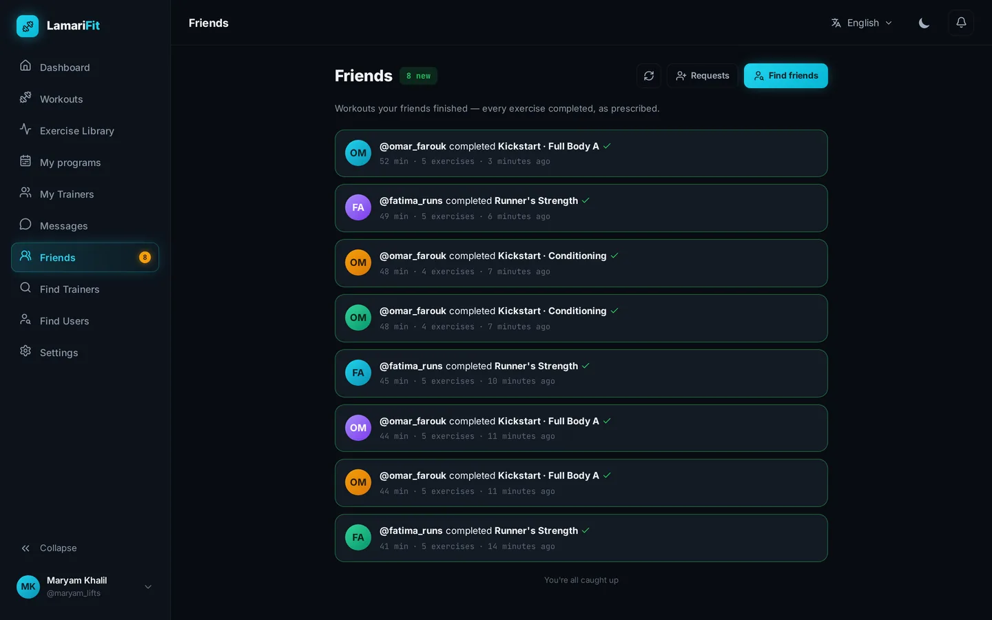 Friends feed listing completed workouts with duration, exercise count and time ago