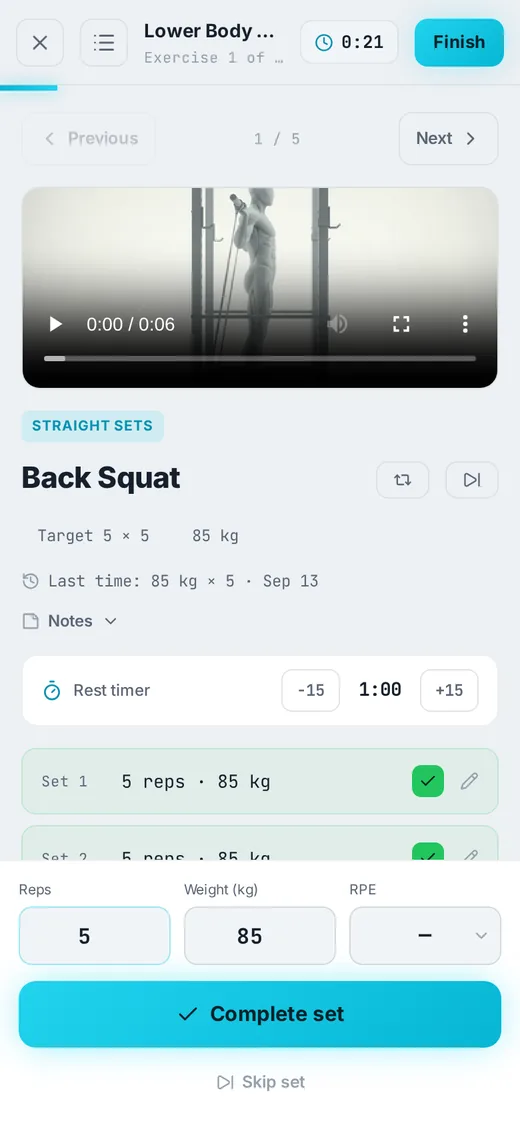The same live session on a phone with a sticky complete-set bar
