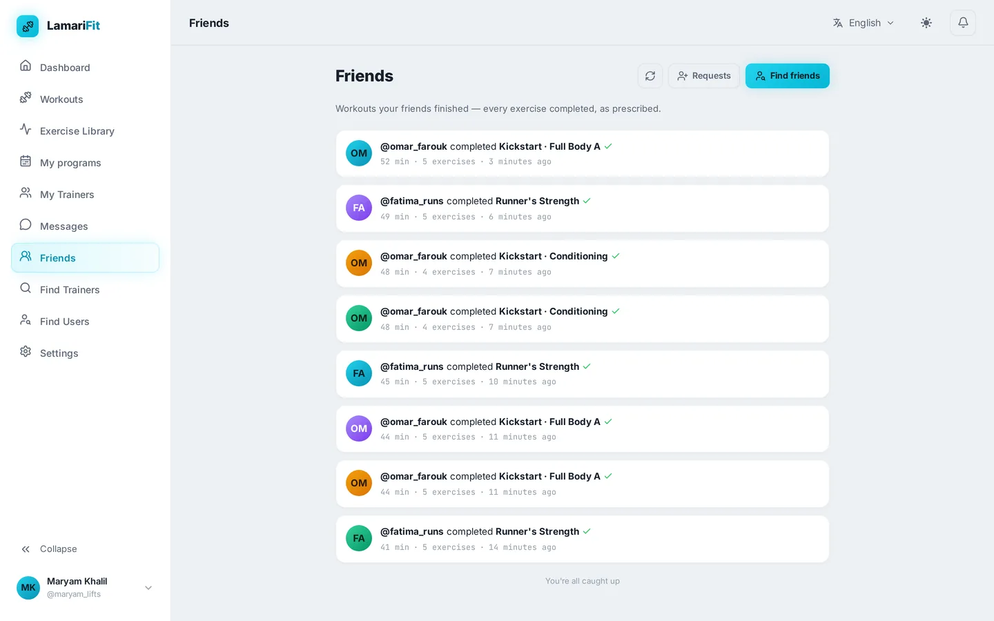 Friends feed listing completed workouts with duration, exercise count and time ago