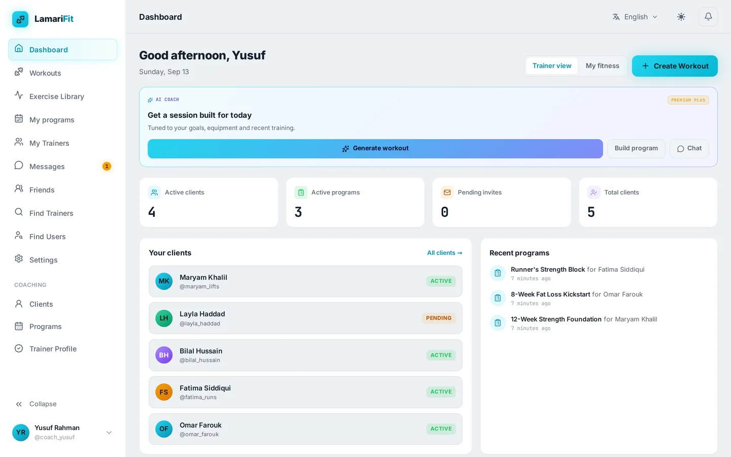 Trainer dashboard with active clients, programs, pending invites and recent programs